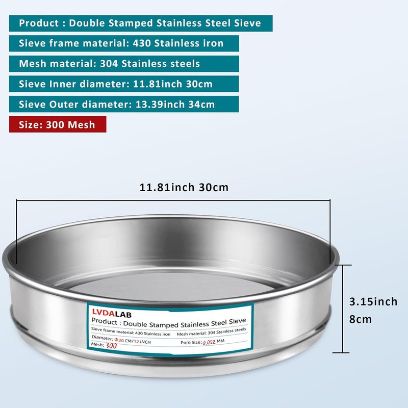LVDALAB 304 Stainless Steel Lab Sieve Screen Mesh, 300 Mesh (0.05mm) Aperture Test Sieve, 12Inch(30cm) Diameter Economy Standard Analysis Sample Test Sieves for Industrial Laboratory Homes - Image 2